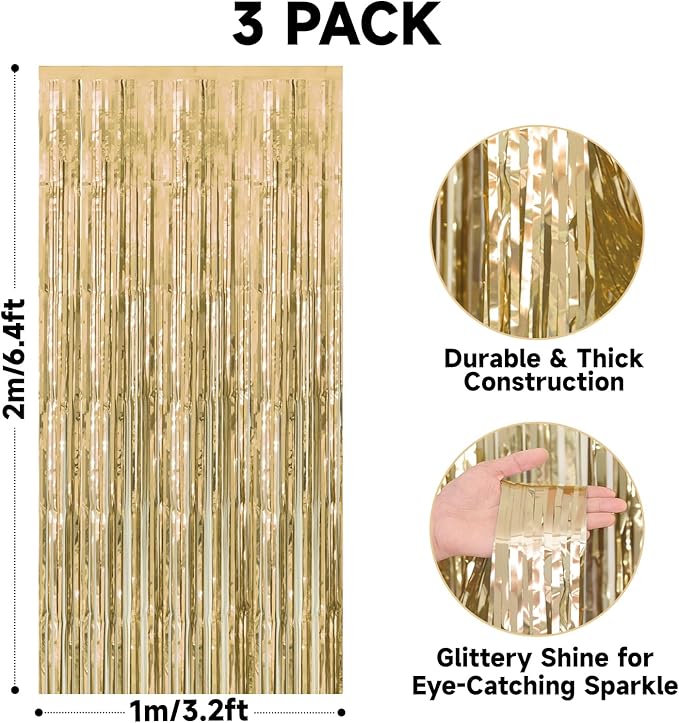 jijAcraft 3 Pack Champagne Gold Tinsel Foil Fringe Curtain, Light Gold Party Photo Backdrop for Bridal Showers Wedding Engagement Anniversary Birthday Graduation New Year’s Holidays Decorations