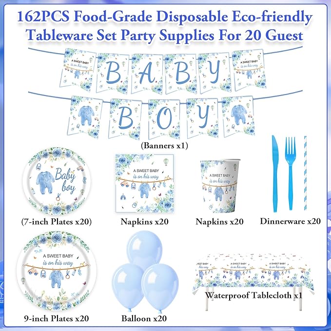 Blue Baby Boy Shower Party Supplies Tableware Sets,Includes Disposable Plates, Napkins, Cups,Straws,Cutlery, Balloons, Banner, and Tablecloth for Party Baby Shower Birthday Decorations,Serves 20