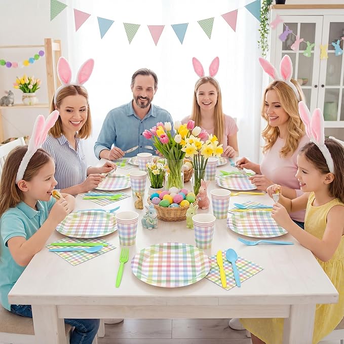 175 Pcs Easter Plates and Napkins, Easter Plaid Party Supplies Include Spring Pastel Gingham Plates Napkins Cups Plastic Cutlery Pastel Party Decorations for Baby Shower, Picnic, Birthday