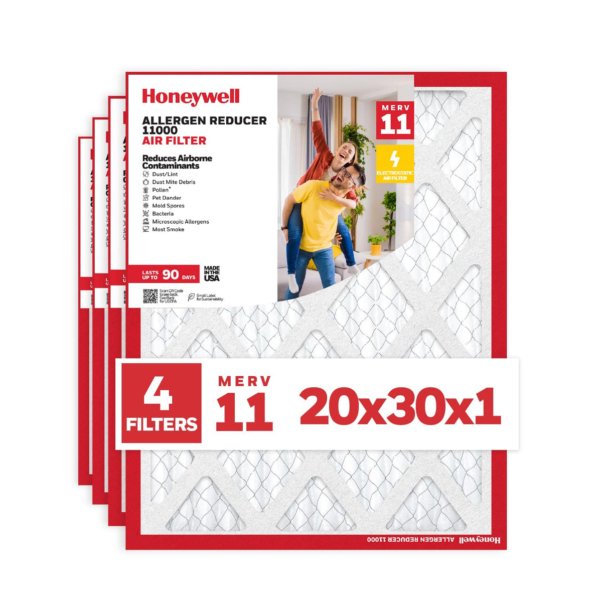 Honeywell 20x30x1 MERV 11 Allergen Reducer 11000 Electrostatic Pleated HVAC AC Furnace Air Filter (4-Pack) | Replacement Filter for Home Use | Made in USA