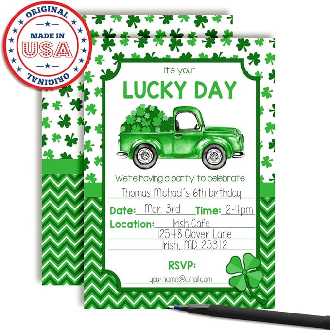 Lucky Day Truck with Clover Birthday St. Patrick’s Day Party Invitations, 20 5x7 Fill In Cards with Twenty White Envelopes by AmandaCreation