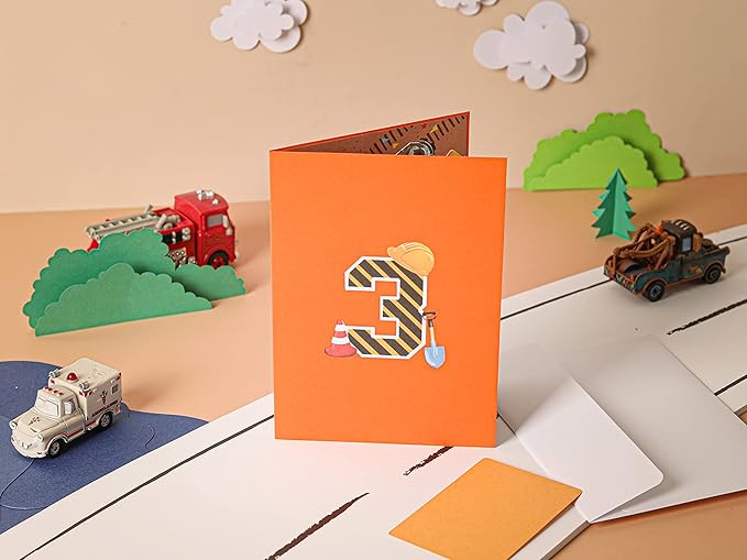 Liif Crane Truck Happy 3rd Birthday Card,3D Greeting Pop Up Birthday Card For 3 Years Old For Boy, Nephew, Grandson, Toddler,Fun Construction Vehicle Card,With Message Note & Envelop,Size 7x5 Inch