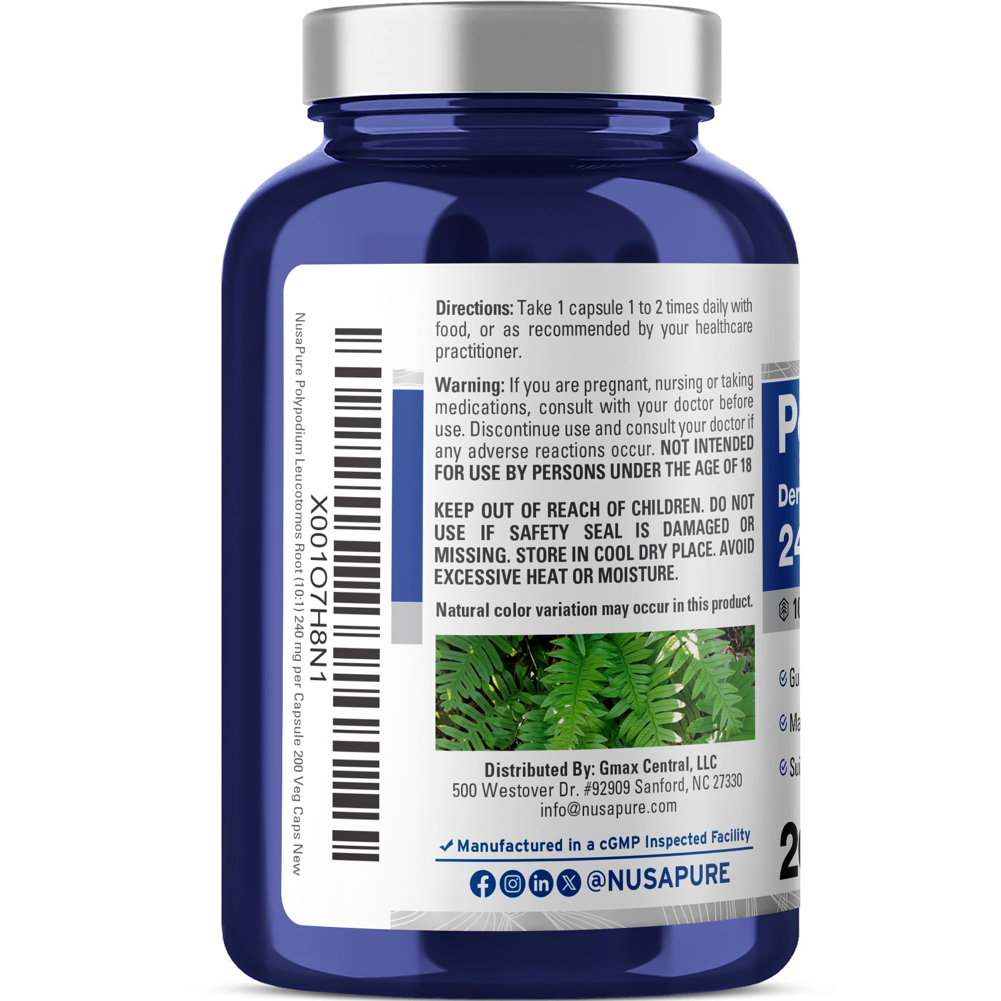 NusaPure Polypodium Leucotomos Capsules, 240 mg, 200 Veg Capsules (Non-GMO, Vegan)