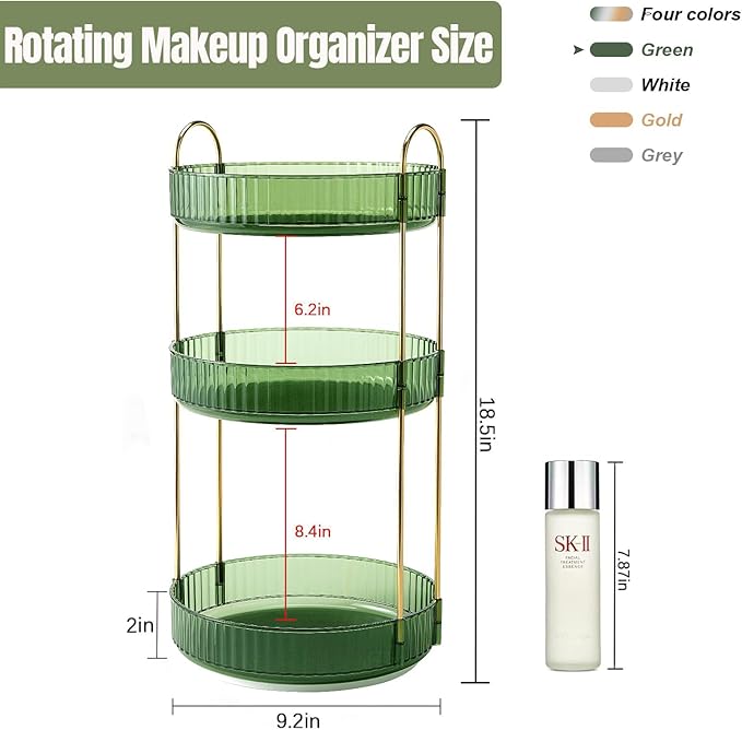 360 Rotating Makeup Organizer for Vanity, Bathroom Countertop Spinning Perfume Organizer, High-Capacity Cosmetic and Skincare Dresser Make Up Holder Rack (3 Tiers, Green)