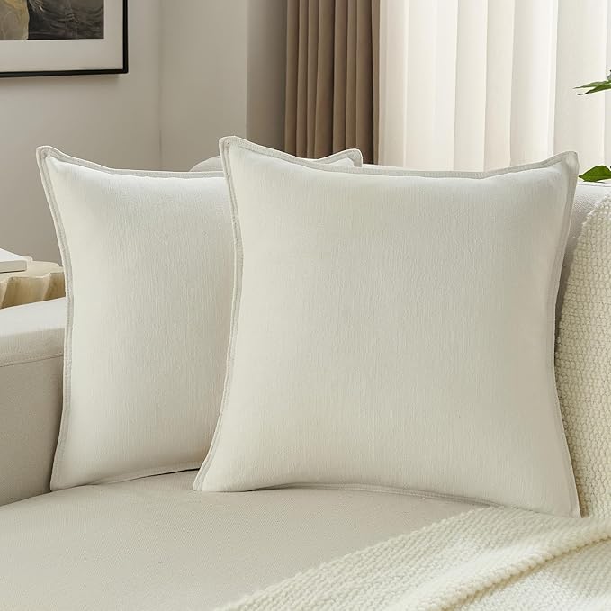 FUTEI Cream White Chenille Throw Pillow Covers 18x18 Inch Set of 2,Edges Double-Stitched Cushion Cases,Modern Home Decor for Couch Living Room