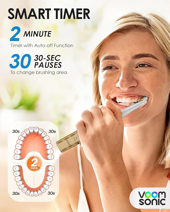 Voom Sonic Pro 3 Rechargeable Electric Toothbrush with Soft Dupont Nylon Bristles Dentist Recommended Portable Oral Care 2-Minute Timer 3 Adjustable Speeds Light Weight Design - Gold