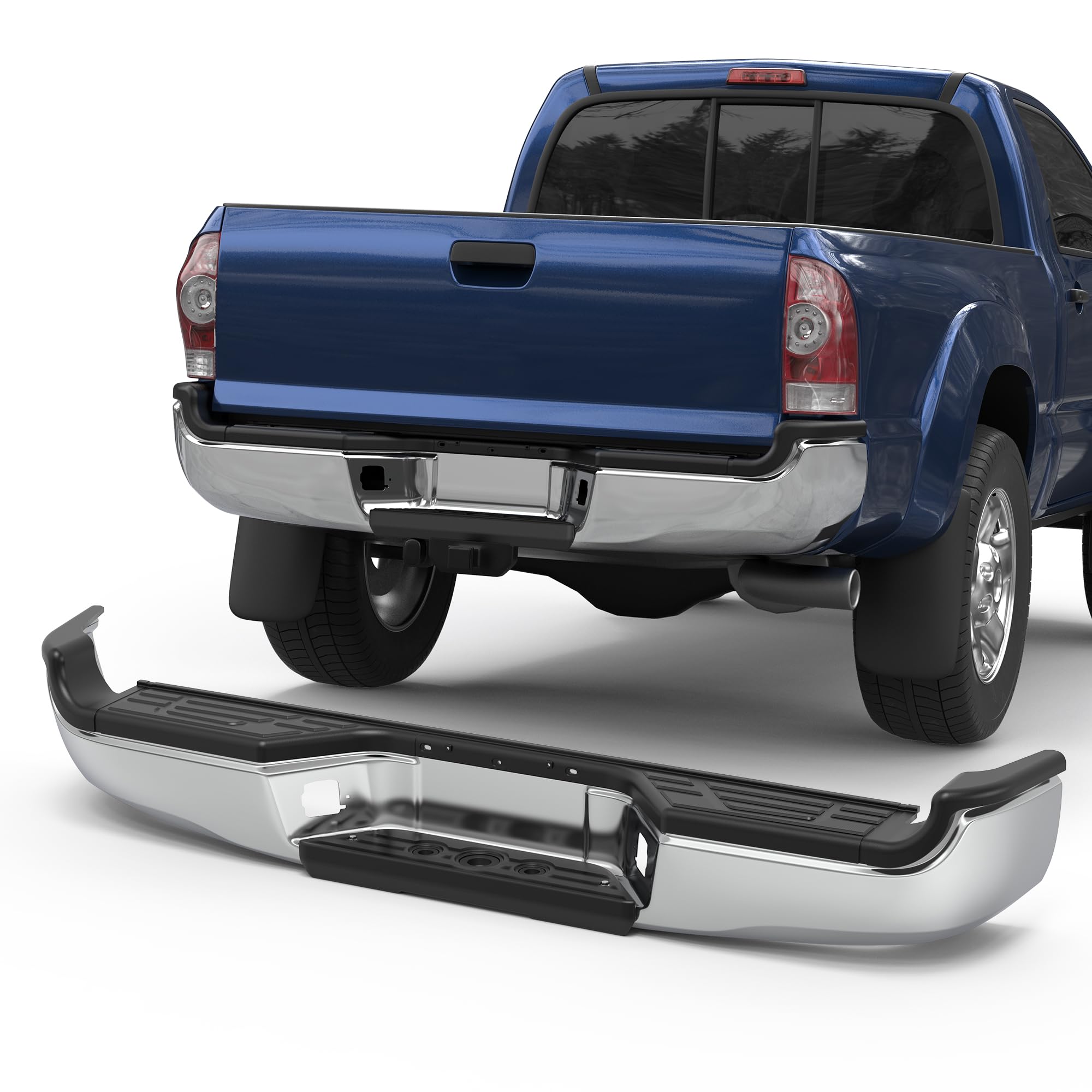 KUIPERAUTO Chrome Rear Step Bumper Assembly Compatible for 2005-2015 Toyota Tacoma Pickup TO1103113 WITHOUT Parking Sensor Holes