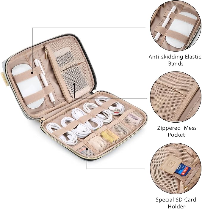 BAGSMART Electronics Organizer Travel Case, Travel Cable Organizer Bag for Travel Essentials & Accessories for Women, Cord Organizer for Phone, SD Card, Grey