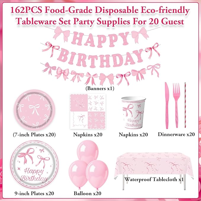 Pink Bow Party Supplies Tableware Sets,Includes Disposable Plates, Napkins, Cups,Straws,Cutlery, Balloons, Banner, and Tablecloth for Party Baby Shower Birthday Decorations,Serves 20