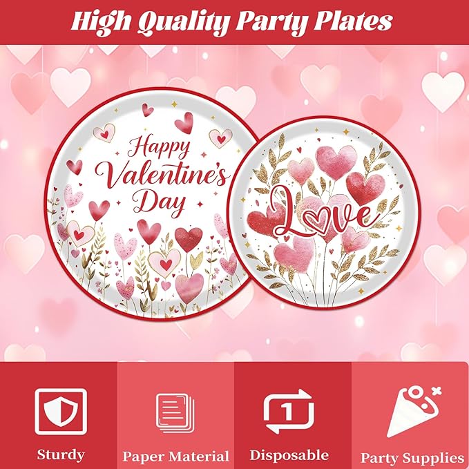 Rakuto Valentines Day Plates and Napkins Decorations, 96PCS Galentines Love Hearts Flower Party Tableware Decoration, Valentine's Day Sweet Love Dinner Forks Decor for Wedding Kitchen Dinner Supplies