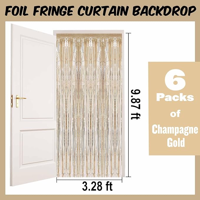 6 Pack Champagne Gold Foil Fringe Curtains Backdrop, 3.28 x 9.8 Ft Metallic Streamers Tinsel Curtains Background for Photo Booth, Birthday, Halloween, Christmas, New Year Party Decorations