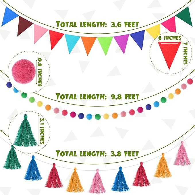 Irenare 9.8ft Pom Pom Garland Felt Rainbow Garland Graduation Party Decoration Colorful Pennant Tassel Banner Birthday Baby Shower Triangle Banner for Classroom School Mantel Fireplace(Multicolor)