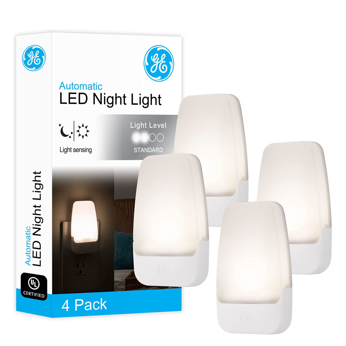 GE LED Night Light, Plug-in, Dusk to Dawn Sensor, Warm White, Ambient Lighting, Ideal for Kids and Adults Bedroom, Bathroom, Nursery, Hallway, Kitchen, 46882, 4 Pack