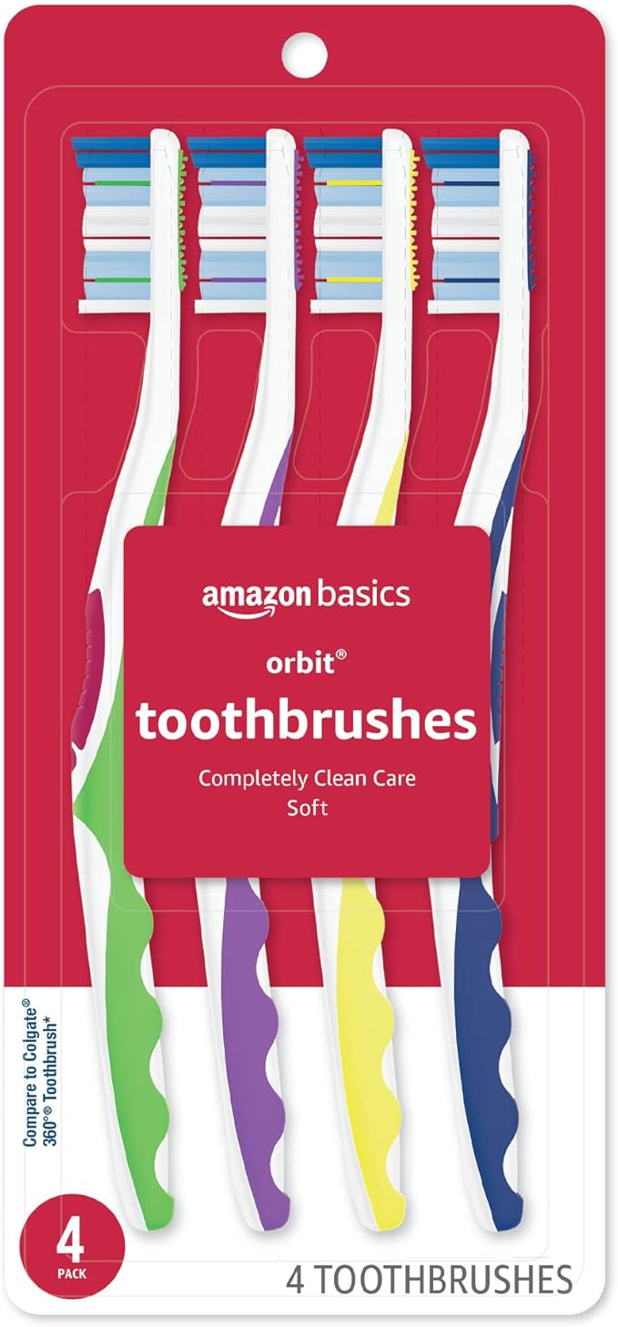 Amazon Basics Orbit Toothbrushes, Soft, Full, 4 Count, Assorted Colors (Previously Solimo)