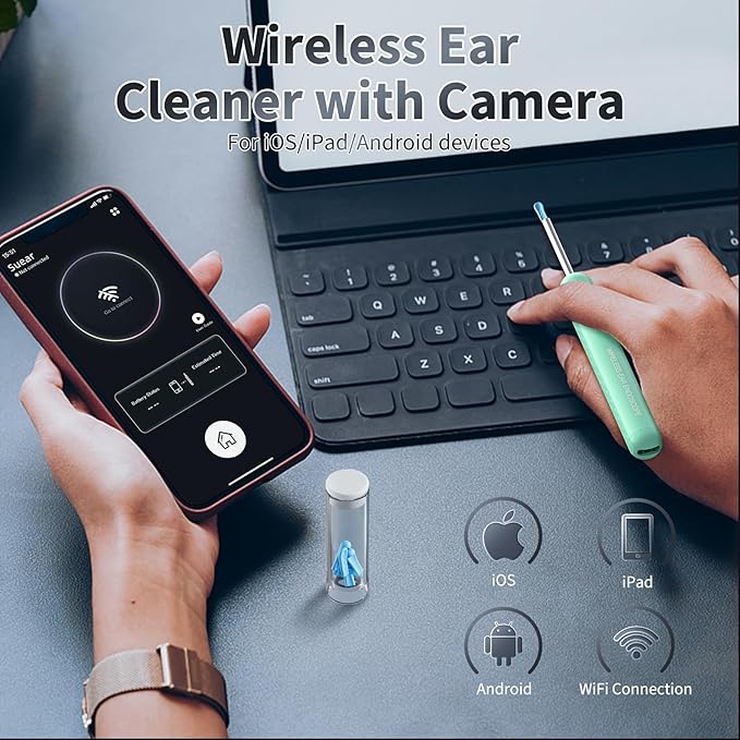 Ear Wax Removal, Ear Cleaner with Camera and Light, Ear Wax Removal Kit with 8 Pcs Set, Ear Wax Removal Tool Camera with 1080P, Ear Cleaning Kit with 6 Spoons, Ear Camera for iOS & Android (Green)