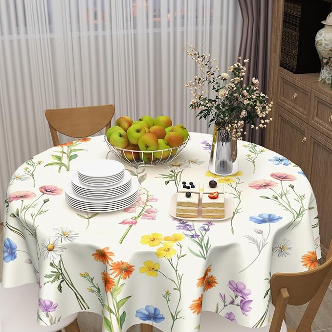 Spring Round Tablecloth Floral Circle Table Cloth 60 Inch Farmhouse Summer Wildflower Table Cover Washable Polyester for Home Kitchen Dinning Holiday Party Decor