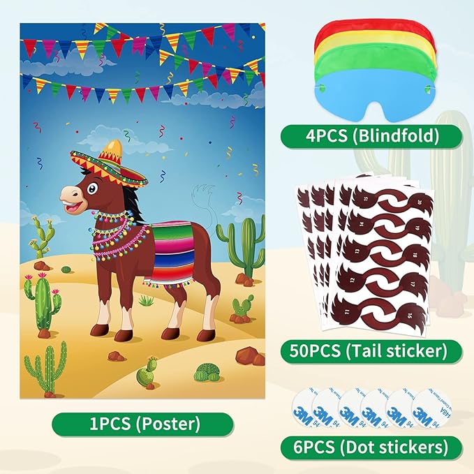 Hxezoc Pin The Tail On The Donkey Party Game With 50 Pcs Tails Large Mexican Donkey Games Poster for Kids Birthday Party Carnival Fiesta Party Supplies