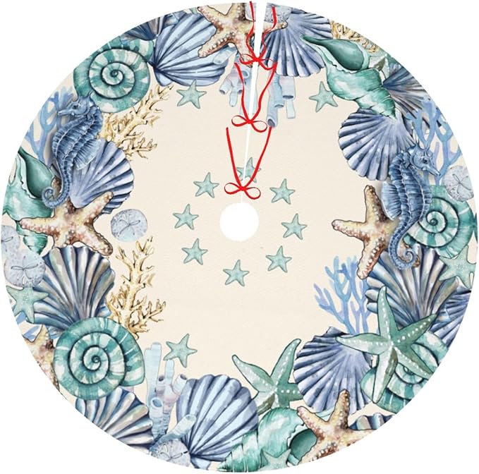 Shell Coastal Wreath Beach Starfish Theme Seahorse Christmas Tree Skirt Xmas Tree Mat Halloween Christmas Tree Ornaments Decorations Holiday Party Indoor Outdoor 36"