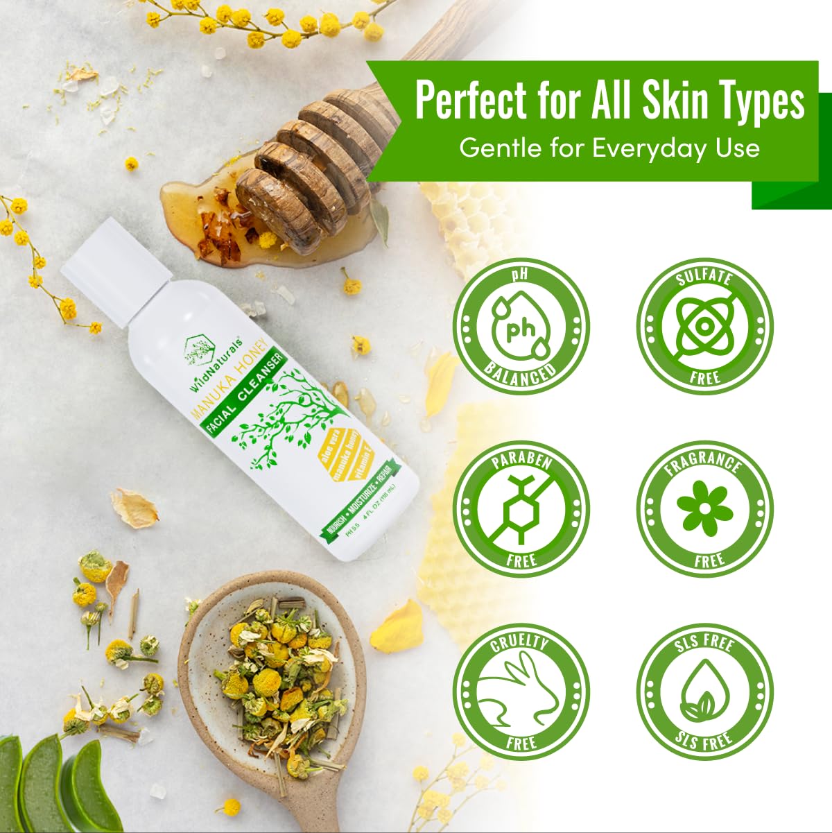 Wild Naturals Gentle Manuka Honey Face Wash - Eczema Facial Cleanser with Aloe Vera Extract, Hydrating & Soothing for Dry, Sensitive Skin - Repairs & Nourishes Irritated & Damaged Skin