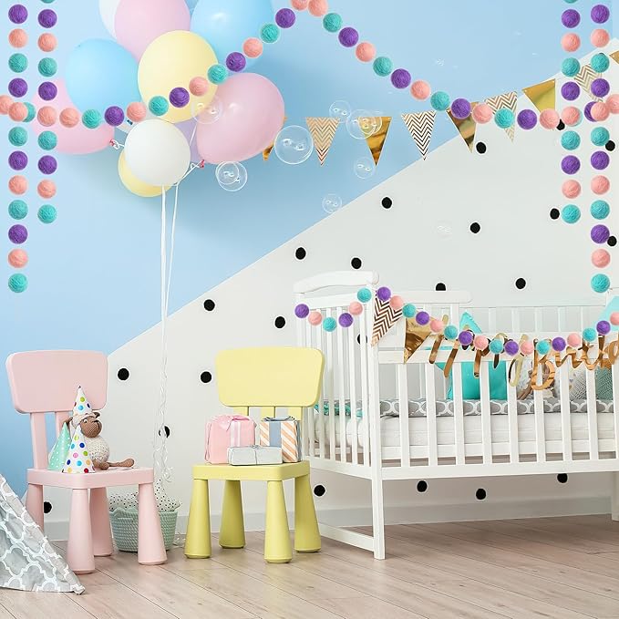 Boao 2 Pieces Wool Felt Ball Garland Colorful Pom Pom Garland Handmade 6.5 Feet Long 24 Balls Felt Banner for Wall Christmas Tree Decoration (Pink,Purple,Mint Blue)
