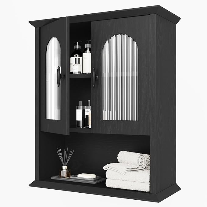 CJL Bathroom Wall Cabinet with Fluted Door, 18.9'' x 23.6'' Medicine Cabinet, Over The Toilet Storage Cabinet, Black