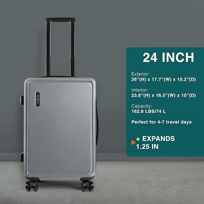 TRAVELARIM 24 Inch Luggage with Spinner Wheels, Hard Shell Suitcase with TSA Locks for Luggage, Travel Large Suitcase, Expandable Hard Shell Suitcases, Grey