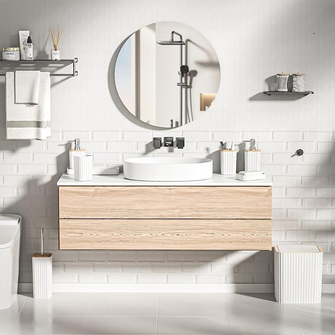 Bathroom Accessories Set - Elegant White Bathroom Set, 10PC Bathroom Accessory Set, Toilet Brush, Trash Can, Qtip Holder Dispenser & Soap Dispenser