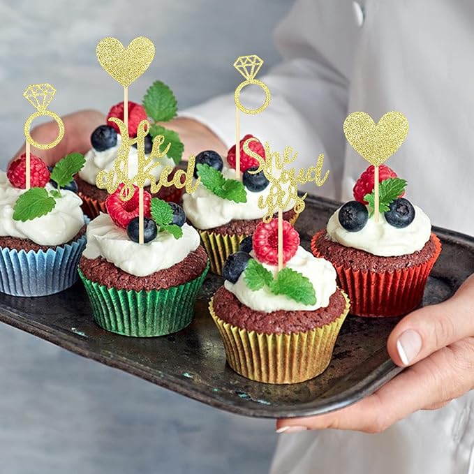 24 Pcs He Asked She Said Yes Cake Topper Gold Cupcake Toppers Heart Diamond Ring Cupcake Picks Glitter Cupcake Decorations for Wedding Engagement Bridal Shower Party Cake Decorations