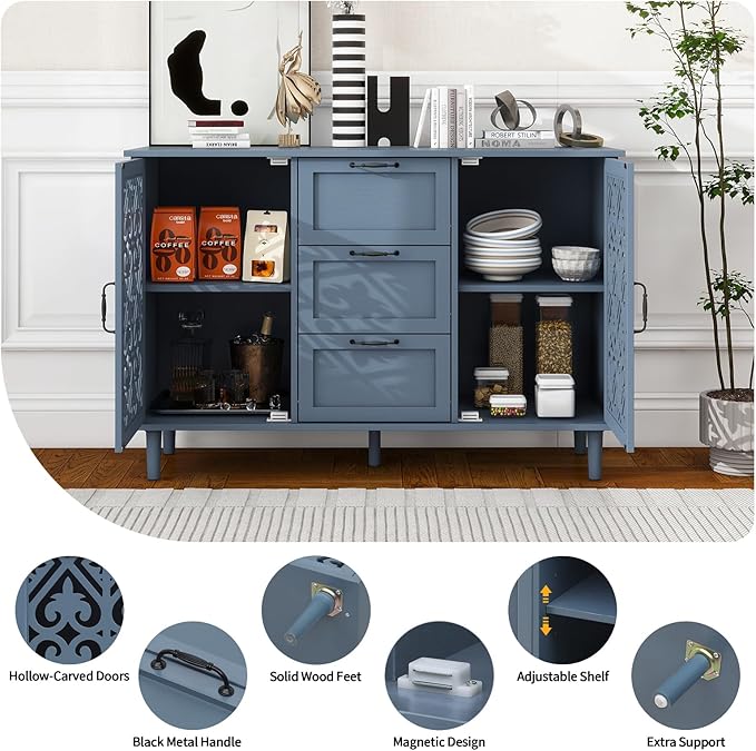 Sideboard Buffet Cabinet with Storage - Accent Storage Cabinet American Furniture, Modern 2 Door 3 Drawer Cabinet, Farmhouse Wood Credenza for Living Room, Dining Room, Entryway (Blue)