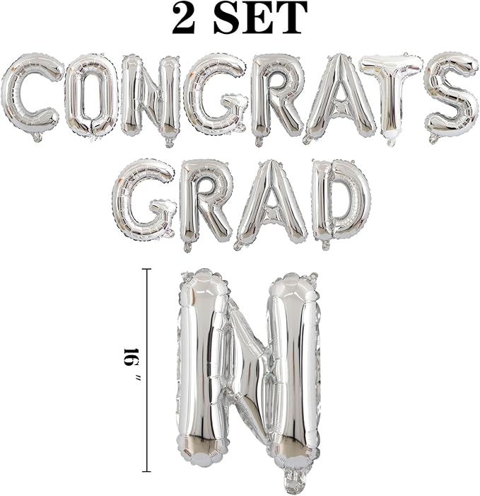 2 Set 24Pcs Silver Congrats Grad Letter Balloons 16in Balloon Foil Letter Decorations Party Decor Silver Letter Balloons Congrats Grad Party Supplies