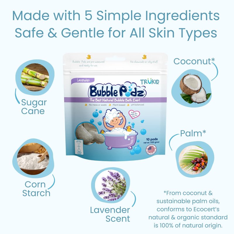 TruKid Bubble Podz Bubble Bath for Kids, Toddlers, & Babies, Tear Free Gentle & Refreshing Bath Bomb for Sensitive Skin with Natural Moisturizers, Non-Toxic, pH Balanced, Lavender Scent (24 Podz)