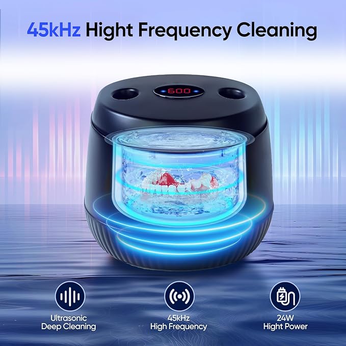 MySmile Ultrasonic Retainer Cleaner Machine with Tablets- 45kHz Black Denture Cleaner Machine with 200ML Capacity and MySmile Retainer Cleaner with 120 Denture Cleaning Mint Flavor Tablets