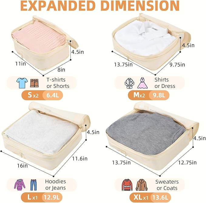 BAGAIL 4 Set/6 Set/8 Set Compression Packing Cubes Travel Accessories Expandable Packing Organizers (Square Mesh, 06-Beige)