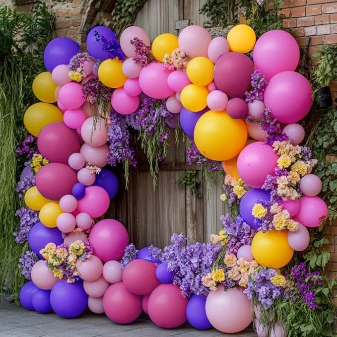 Pink Yellow Balloon Arch - Double Stuffed Hot Pink Purple Balloons Different Size Latex Magenta Balloon Garland for Happy Birthday Baby Shower Wedding Fall Mexican Party Decorations