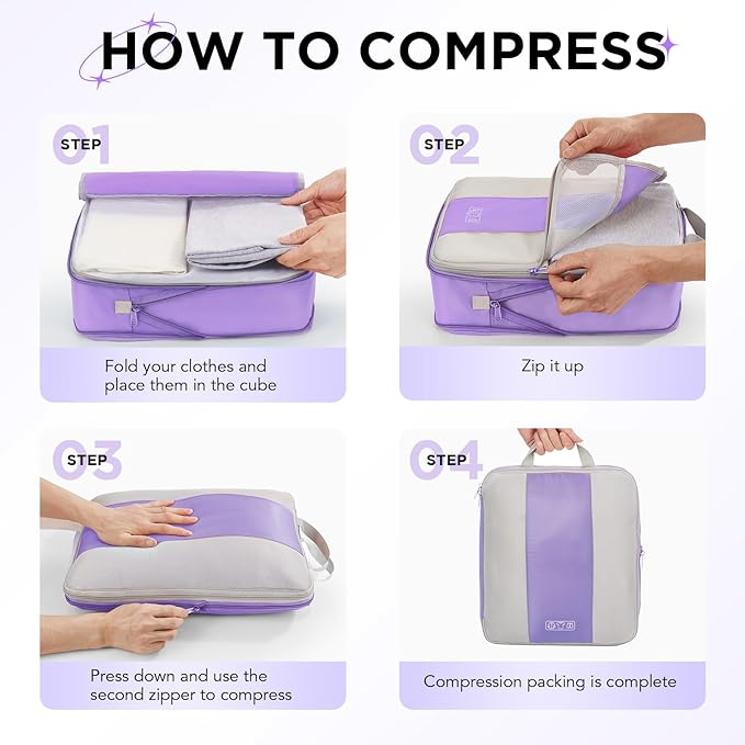 10 Set Compression Packing Cubes for Travel Essentials,Compressible Expandable Packing Cubes for Suitcase,OlarHike Luggage Organizer Bags for Travel,Handy Helper for Organizing Clothes(Light Purple)