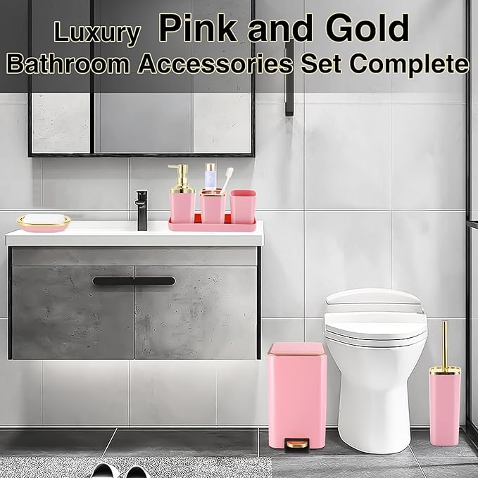 Pink Bathroom Accessories Set 8 Piece Pink and Gold Bathroom Set, Bathroom Sets with Stainless Steel Trash Can,Toilet Brush,Toothbrush Set,Soap Dispenser