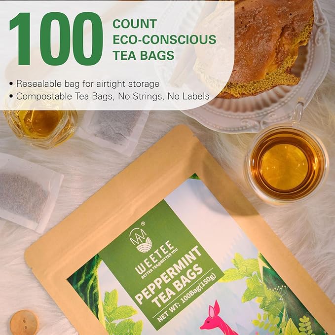 WT WEETEE Peppermint Tea Bags, Made with 100% Pure Peppermint, Fresh Minty Flavour Herbal Tea, Naturally Caffeine Free, 100 Count