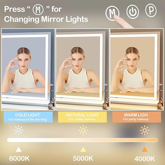 Makeup Vanity Mirror with Lights 26" x 20" Large LED Makeup Mirror, Light up Mirror with 10X Magnification and USB Charging Port, Dimmable 3 Modes, Touch Screen Control Square Corner