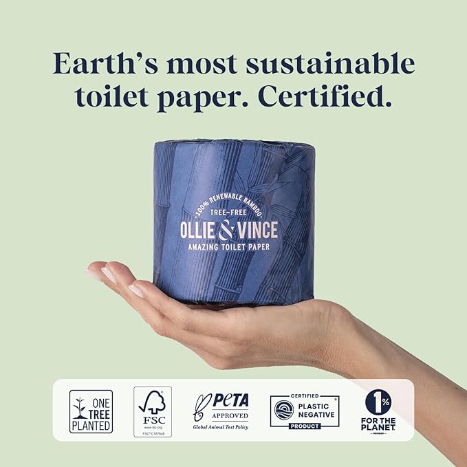 Ollie & Vince Bamboo Toilet Paper | Sustainable, Eco-Friendly, Plastic-Free & Tree-Free, Organic | 24 Rolls, 3-Ply, Soft, Strong & Septic Safe, Unscented | Premium Bathroom Tissue