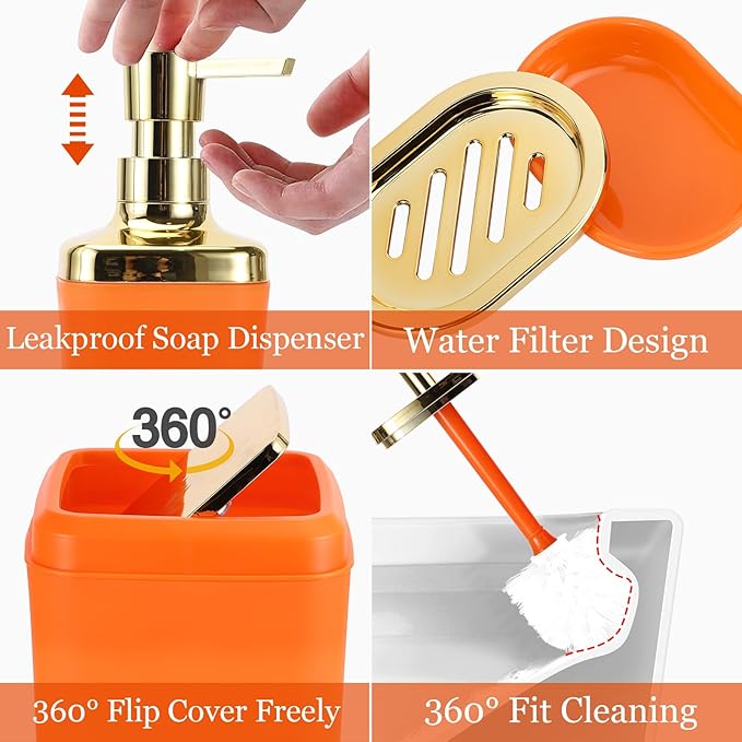Bathroom Set - Orange and Gold Bathroom Accessories, Bathroom Sets with Shower Curtain and Rugs, Orange Shower Curtain Set with Bathroom Trash Can, Soap Dispenser, Soap Dish for Home Decor