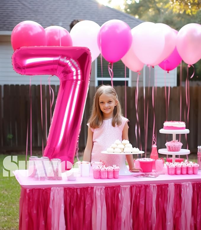 SUWEN 40 Inch Hot Pink Large 7 Number Balloons Big Foil Helium Number Balloons 0-9 Jumbo Happy 7th Mylar Birthday Party Decorations for Girl Anniversary Party Supplies