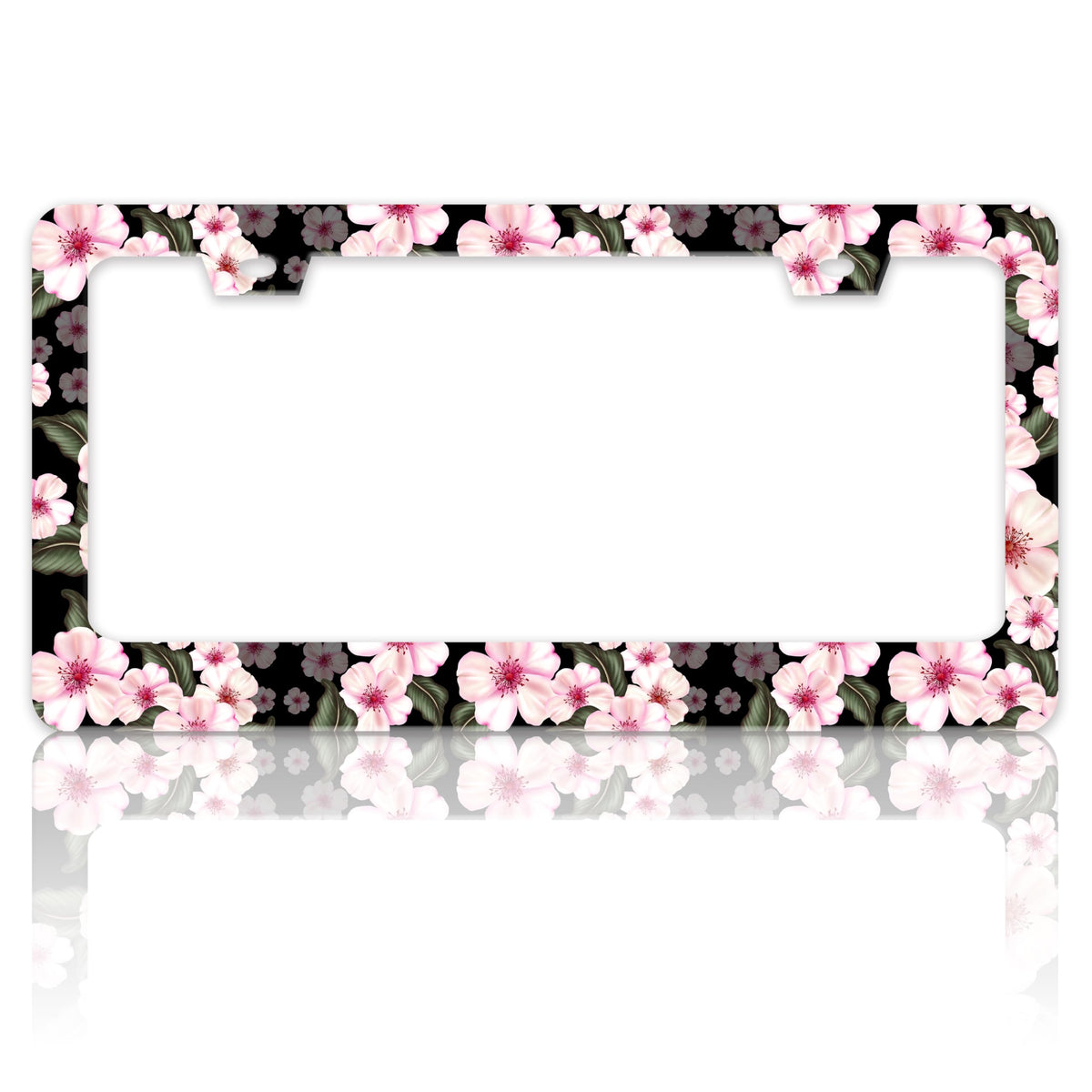 Cherry Blossom License Plate Frame Stainless Steel Pink Flowers License Plate Holder for Front and Rear Car Tags Funny for Car D