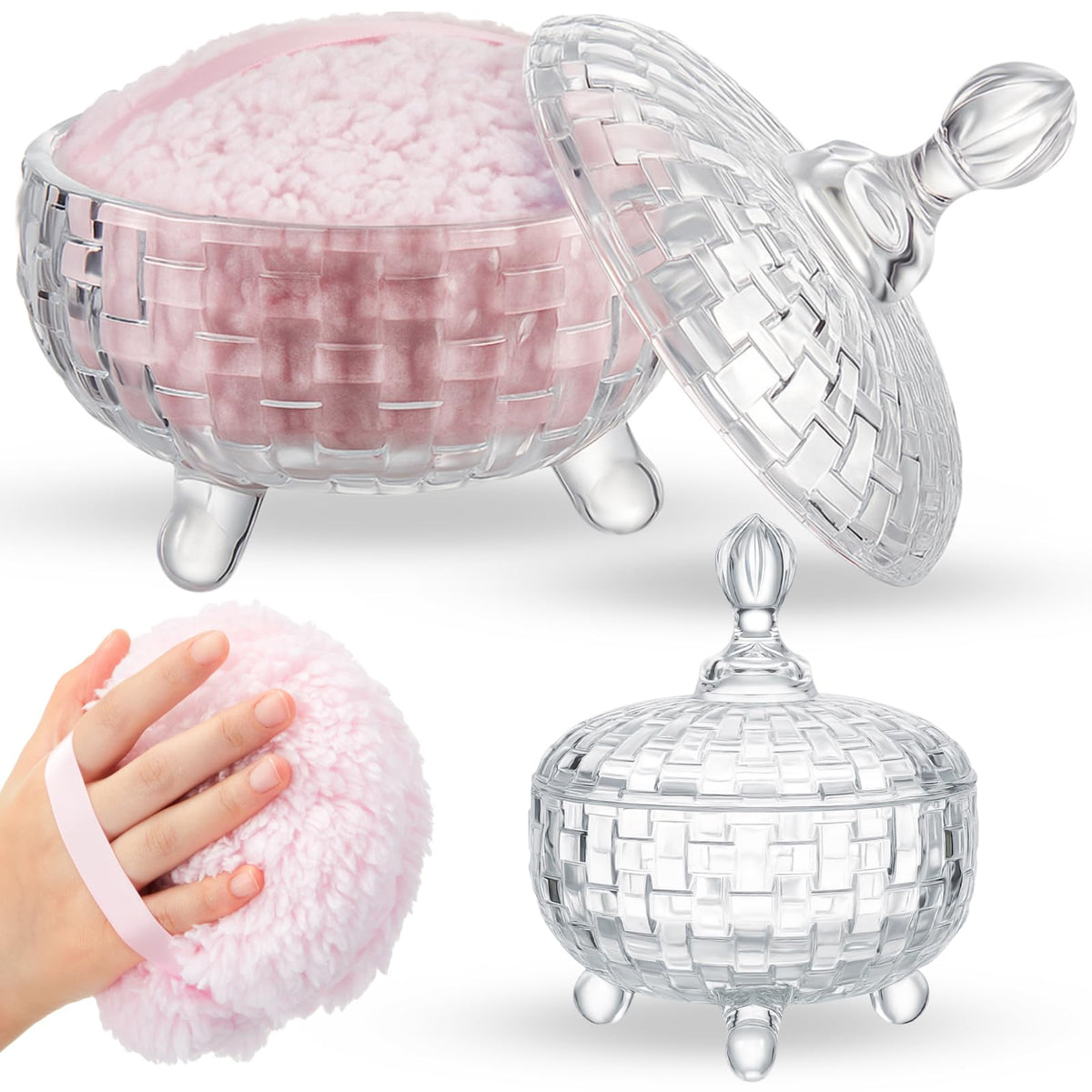 Tioncy 2 Pcs Extra Large Dusting Powder Puff and Container for Women-6'' Glass Crystal Dusting Powder Container with Body Soft Washable Reusable Velour Face(Clear,Weave Design)