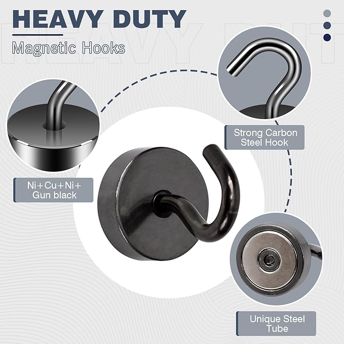 Neosmuk Magnetic Hooks, Cruise Ship Essentials, 40lb+ Heavy Duty Magnetic Hooks for Cruise Cabins, Refrigerator, Grill, Hanging, and Travel | Extra Strong Must-Haves Magnet Hook,Gunmetal,Pack of 10
