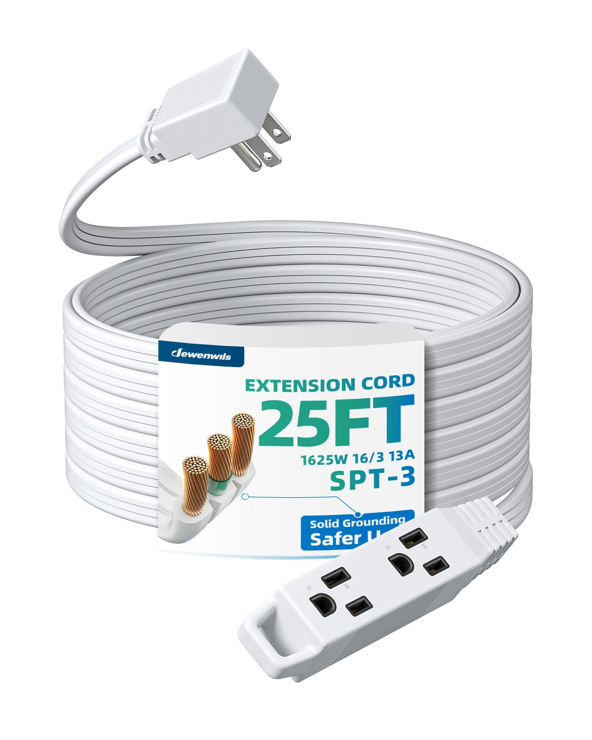 DEWENWILS 3 Outlet Extension Cord with Flat Plug, 25 FT 16/3 Awg Grounded Power Cable for Indoor Use, SPT-3 Cord, White, ETL Listed, 1 Pack