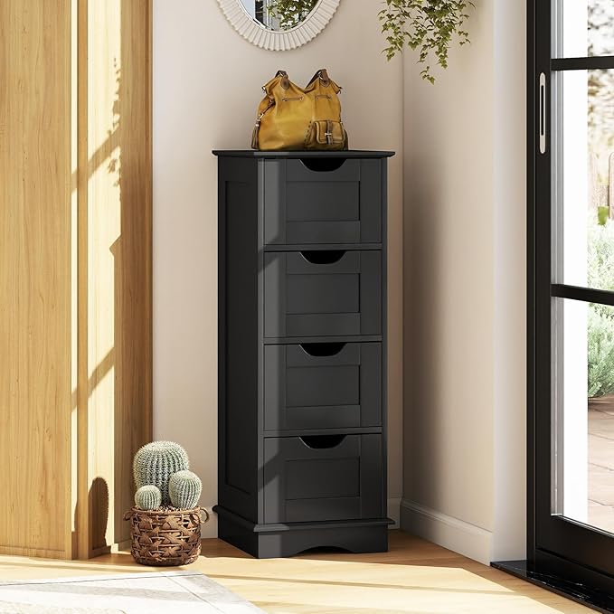 Giantex Bathroom Storage Cabinet with 4 Drawers, 32" Freestanding Storage Organizer Unit with Cutout Handles, Anti-Tipping Device, Narrow Floor Cabinet for Hallway, Living Room, Entryway (Black)