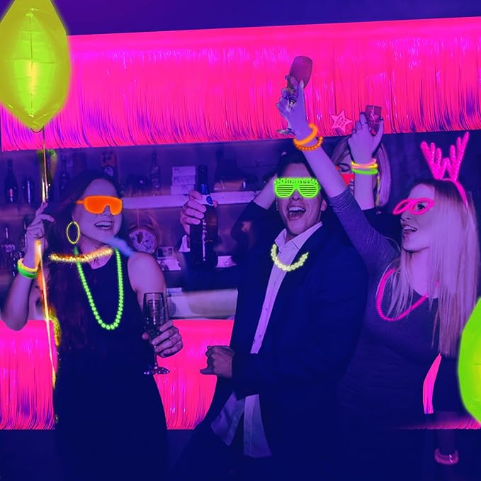 Mega-L Glow in The Dark Party Supplies, 4 Pack Foil Fringe Garland Birthday Party Decorations 9.8 ft Fluorescent Macaron Fuchsia Metallic Tinsel Streamers Banner, Glitter Photo Booth Prop Table Skirt