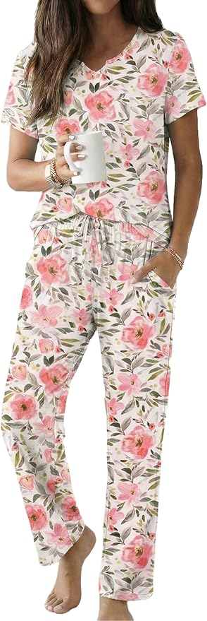 Ekouaer 2 Piece Womens Pajamas V Neck Short Sleeve Top and Long Pants Pjs Print Lounge Set Sleepwear