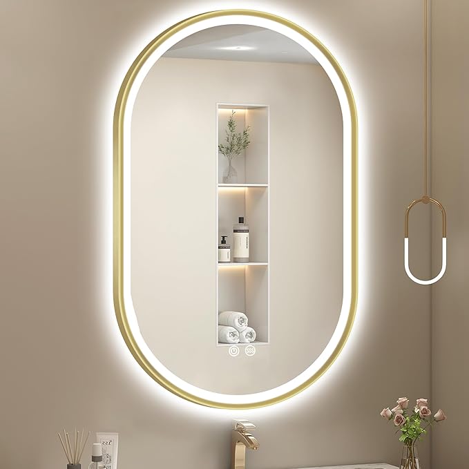 S'bagno Oval-Led-Bathroom-Mirror with Golden Frame Dimmable Brightness, Lghted-Bathroom-Mirror with Defogger, Touch-Buttons, Lights Color Changing, Vertical and Horizontal