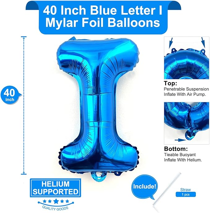 Lovoir 40 Inch Large Blue Letter I Balloons Big Size Jumbo Mylar Foil Helium Balloon for Birthday Party Celebration Decorations Alphabet Blue I